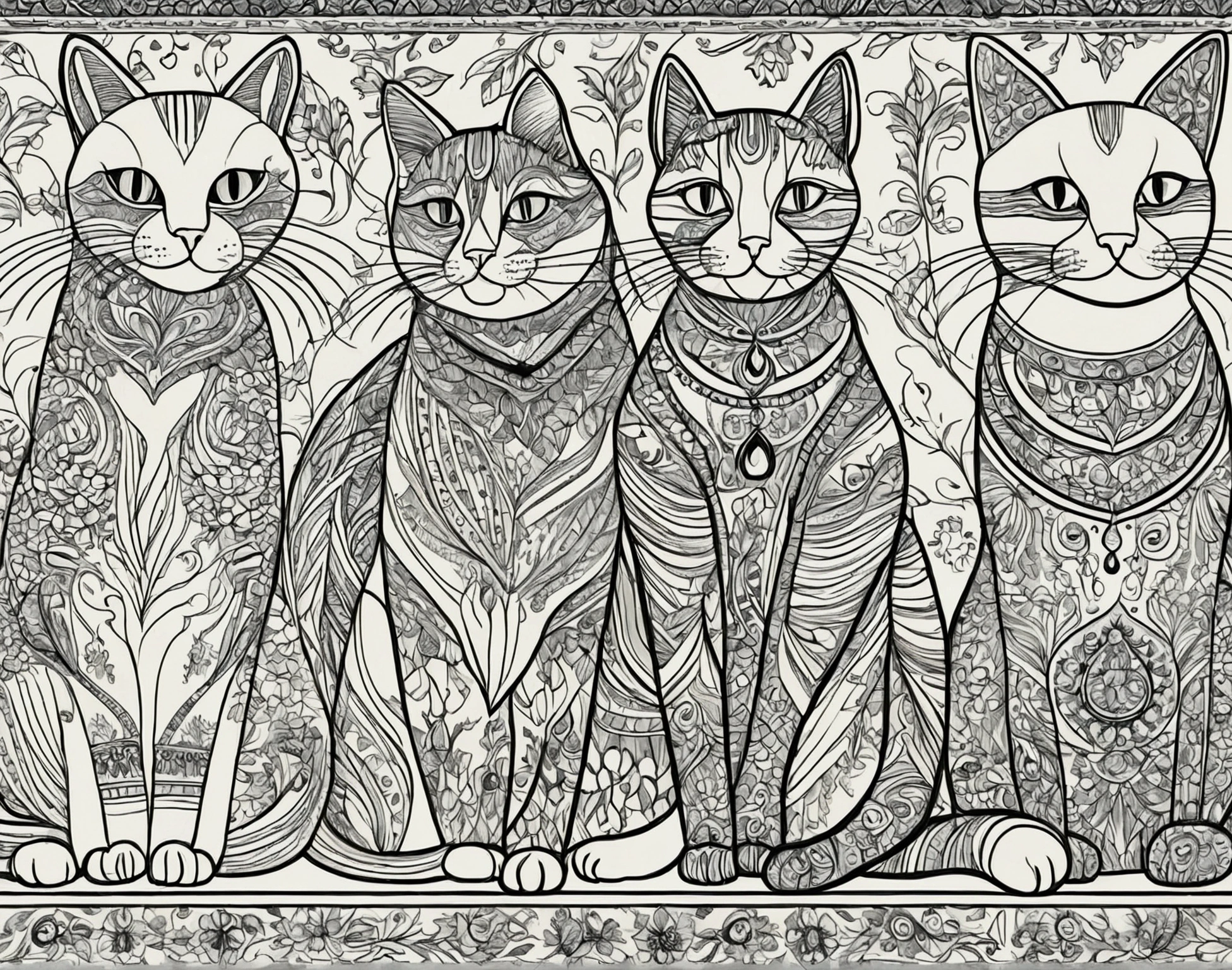 All motifs have a black line edge, colorful cats drawing style