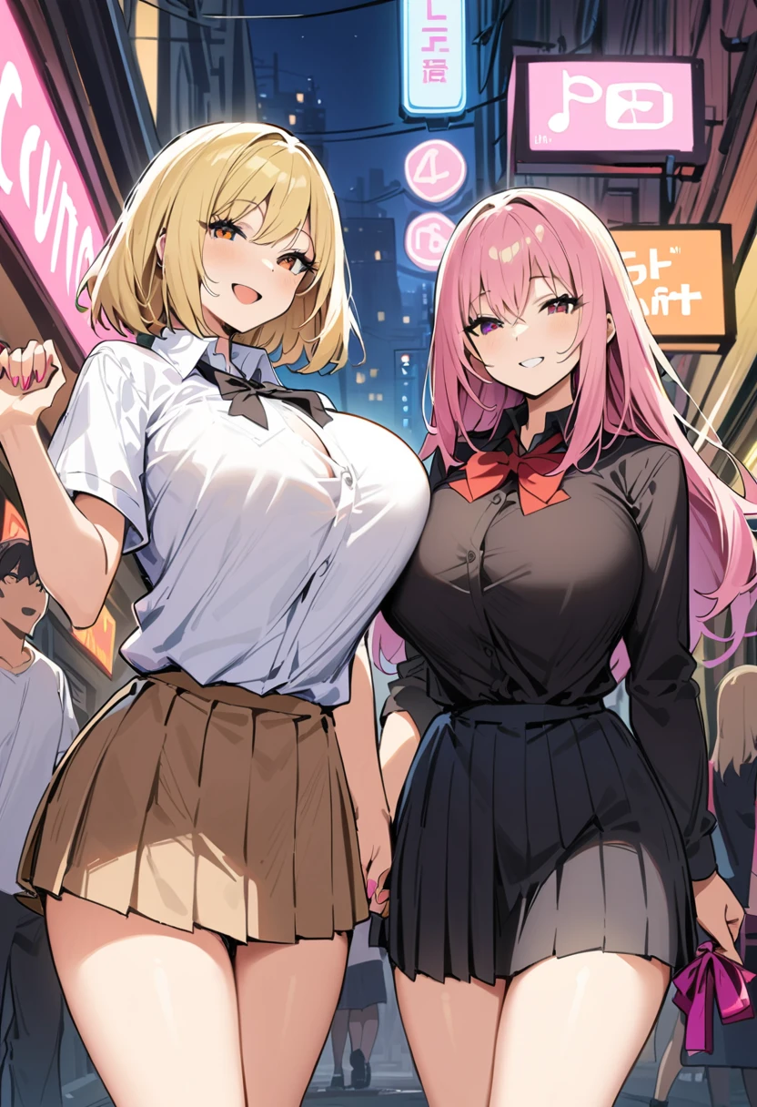 TOиберпанк-город, street, night, neon lights, neon sign, masterpiece, Best quality, a high resolution, J.TO.,Huge tit,2 girls,1 boy,back of a male guy, black a gift,black a gifttie,blonde hair,a gift,a gifttie,breast,lock of hair,Holding hands,Intertwined fingers,long hair,I look at the viewer,several girls,pink hair,pleated skirt,shirt tucked in,short hair,skirt,smile,tent shirt