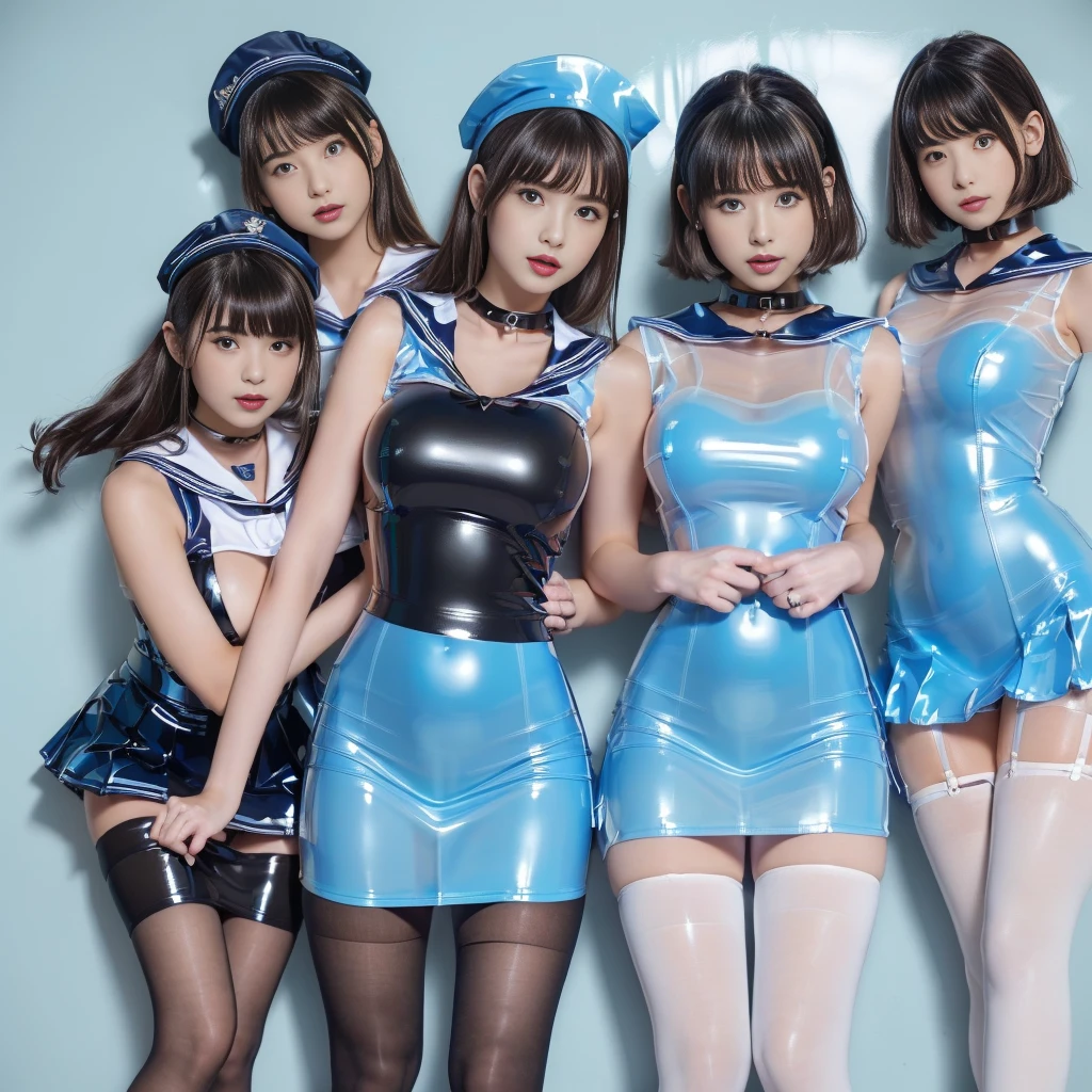 (((Ultra-clear resolution))), (((best quality))), (((super shiny latex dress, tight, pale blue latex, sailor collar, sailor dress, micro pleated skirt, group photo, 6 girls, high neck, impossible breasts, black pantyhose, sleeveless, see-through))), 