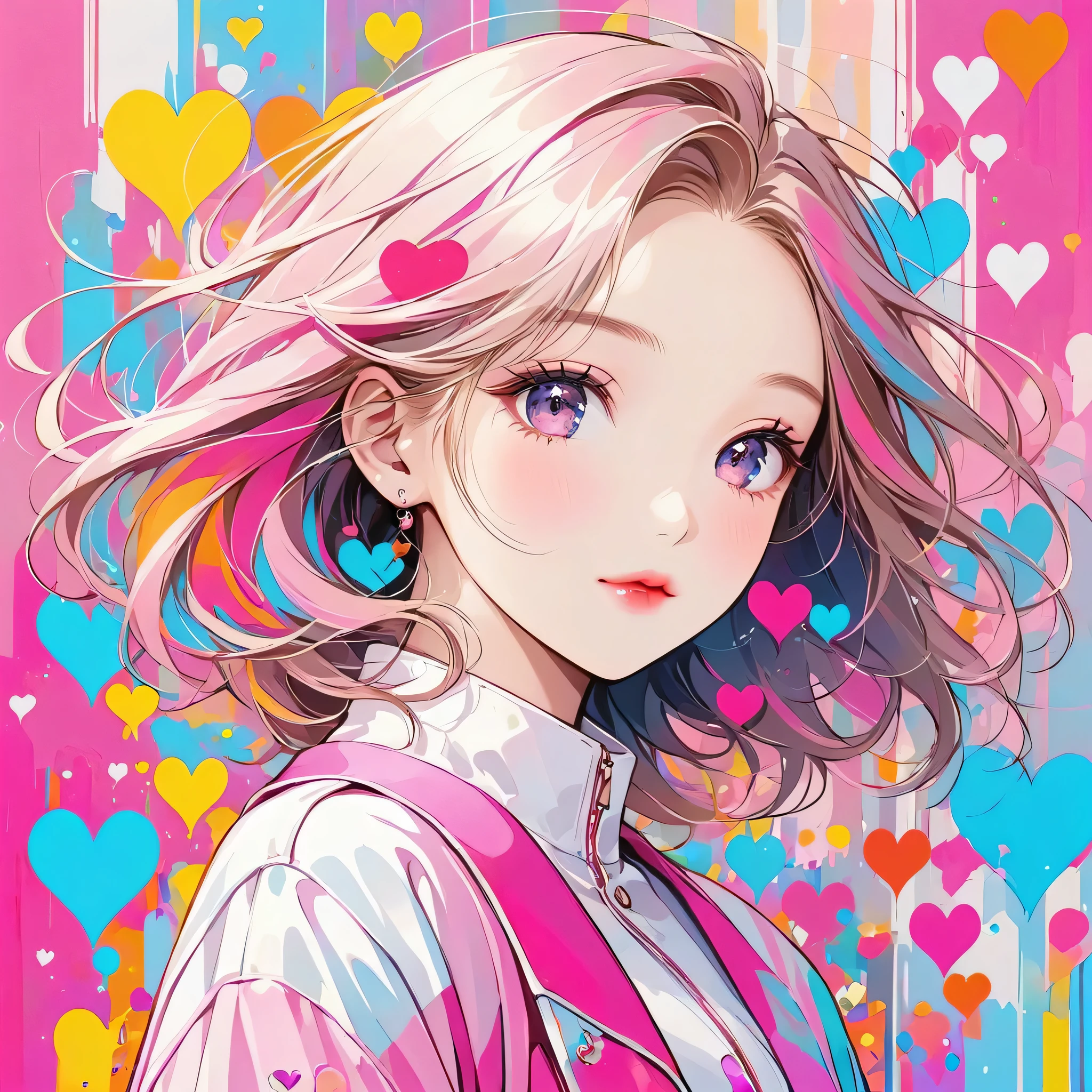 Mai Yoneyama Pink and White style, Simple Line Initialism，Abstract art，Urban Background, (((The most beautiful girl of all time))), Sweet face. Lips in love, colorful hearts, stylish design