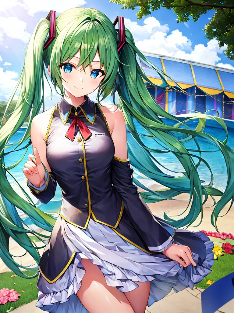 ( Absurd , high quality , Super detailed, Watch your hands,Pay attention to your legs,The number of fingers on the hand is 5 )One girl,Hatsune Miku,The physique is thin,Small breasts,服装はHatsune Mikuの服,The location is in the park,Holding the microphone in your right hand,Singing a song,smile