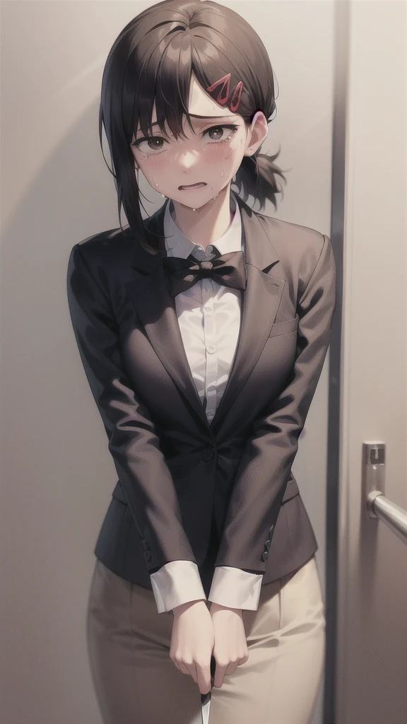 18-year-old girl，cute，Wear a white long-sleeved shirt and a black work tie，Wear black trousers，Wear black booties，Wear white gloves，wear cat ear，Wearing a collar，Black hair，Black eyes，Very thin waist，Very thin legs，Handsome，Disdainful and cold expression，shy，blush，scared，Sweating，tired，Outflow semen，Is giving sexual assault，Glove removal action，pornography