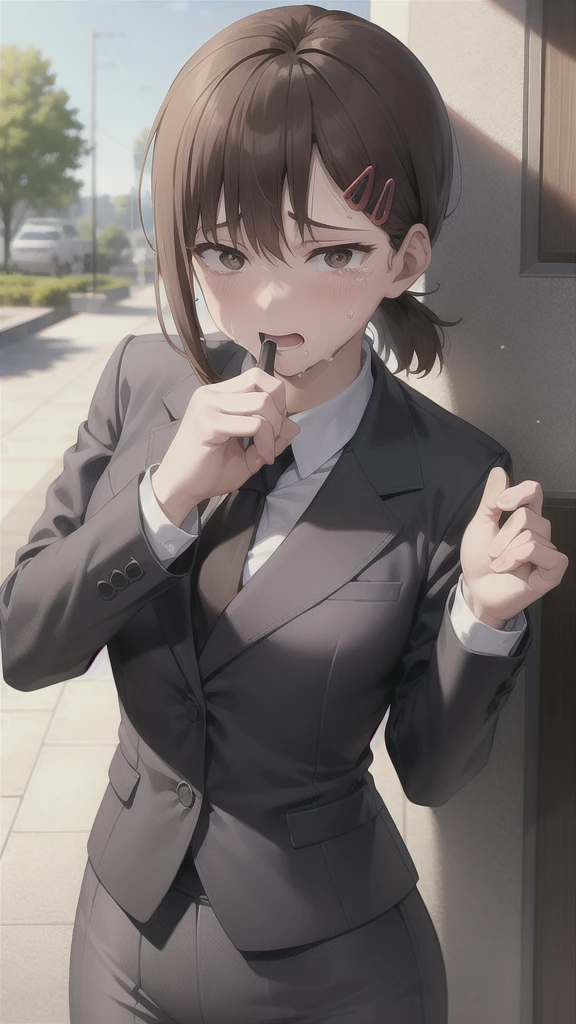 (software), (masterpiece:1.2), Highest quality, masterpiece, High resolution, original, Very detailed壁紙, (Very detailed), (Best illustrations), (Best Shadow), (realism), Small breasts, Firm breasts, suit, Holding a knife, mad look, Crazy Eyes, Yandere, sweating, Are crying, blush, blazer, Black tie, White collared shirt, (Brown eyes),