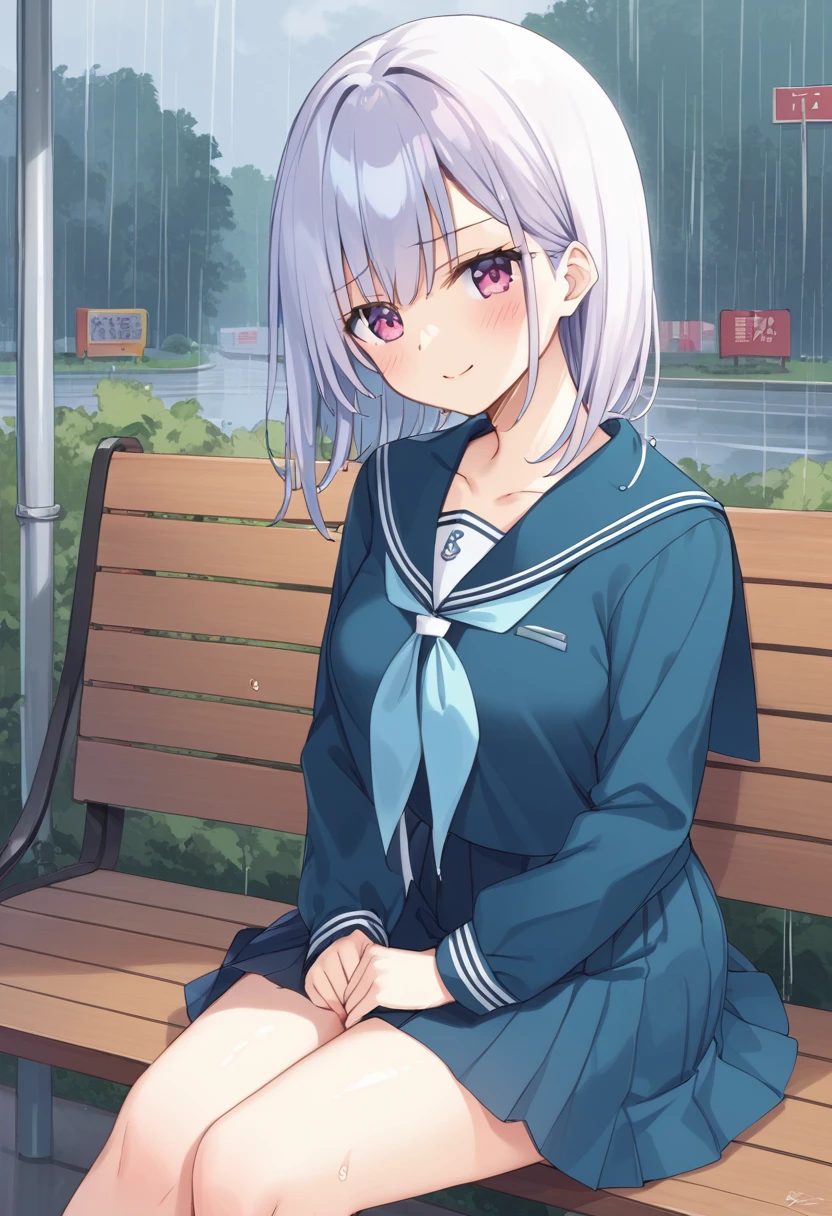 Huge 、 Summer rural bus stop、sit on a bench、 Sheltering from the Rain、 Sailor suit、 Shyness、 Glare、 Cover your chest with your hands、Wet、heavy rain、ずぶWet、Rainy Sky