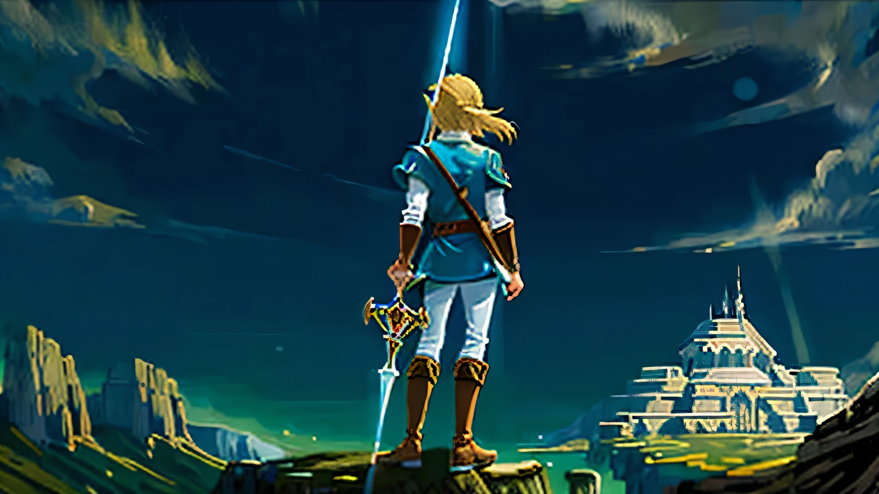 ((best quality)), ((masterpiece)), (High-detailed), (full body), Fond d'écran de Link accompagné de Zelda sur une colline surplombant Hyrule