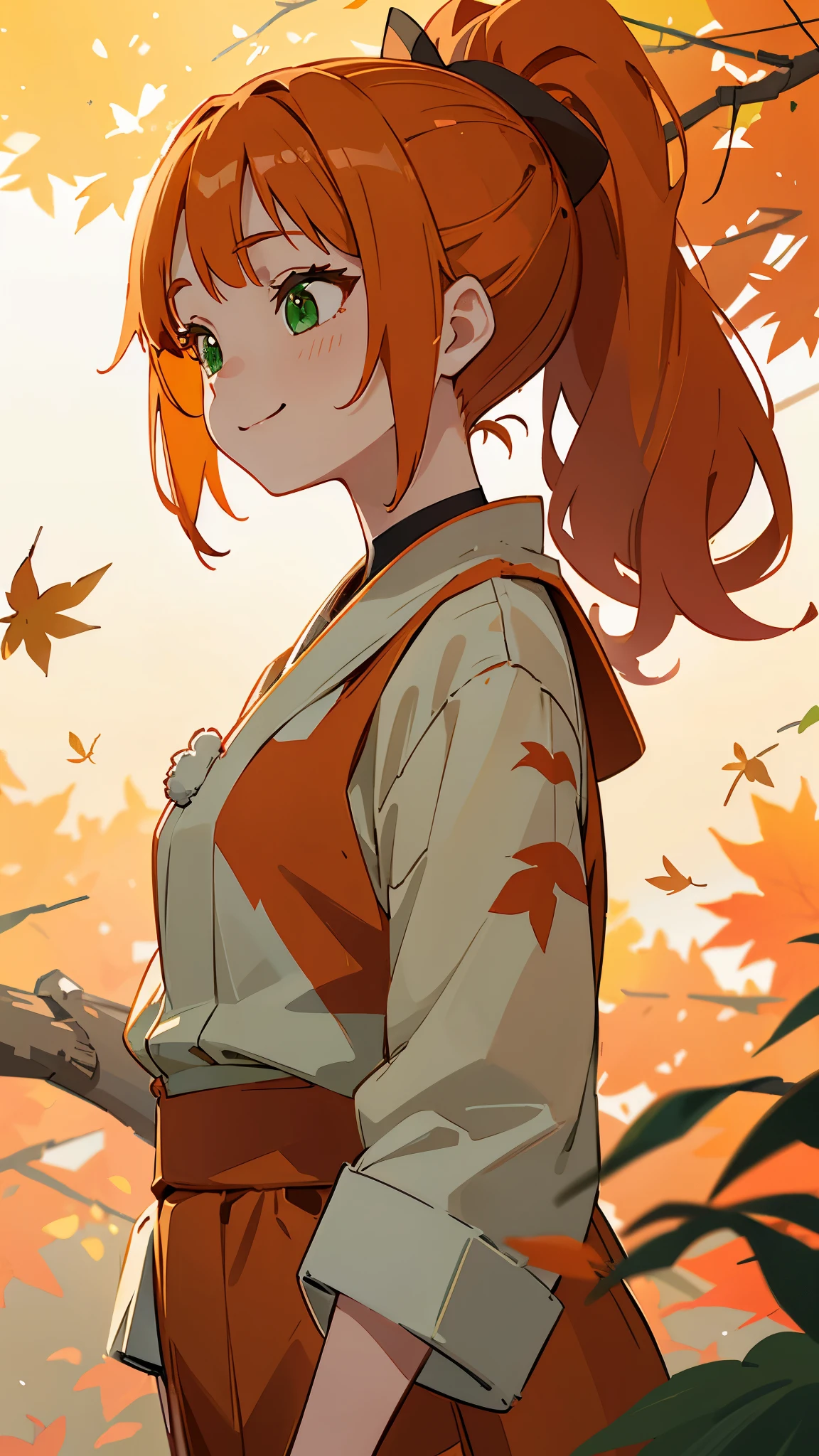 1 Girl、Anime style painting、Upper body close-up、From the side、Wicked Smile、Orange clothes、Orange Hair、ponytail、Beautiful green eyes、Perfect lighting、Autumnal leaves々、Momiji Park、Background Blur, Written boundary depth