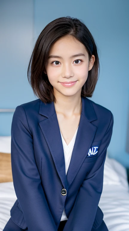 lens: 135mm f1.8, (Highest quality), (Beautiful 14 year old Japanese girl), (Moisturized lips), Narrow eyes, double eyelid, Delicate clavicle, Flat Chest , Embarrassed about my small, undeveloped breasts, smile, (Spotted sunlight: 1.2), Professional Lighting, (Petite figure), (Sunburned skin: 0.2), Full body photo, Full Body Focus, (Kneeling)、A neat and tidy honor student、Slender body、(A with a navy blue blazer:1.5)、Boyish, very very short hair in a ponytail、Stylish white bedroom、Ribbon on chest、Sweep all your hair back、Exposed hip joints