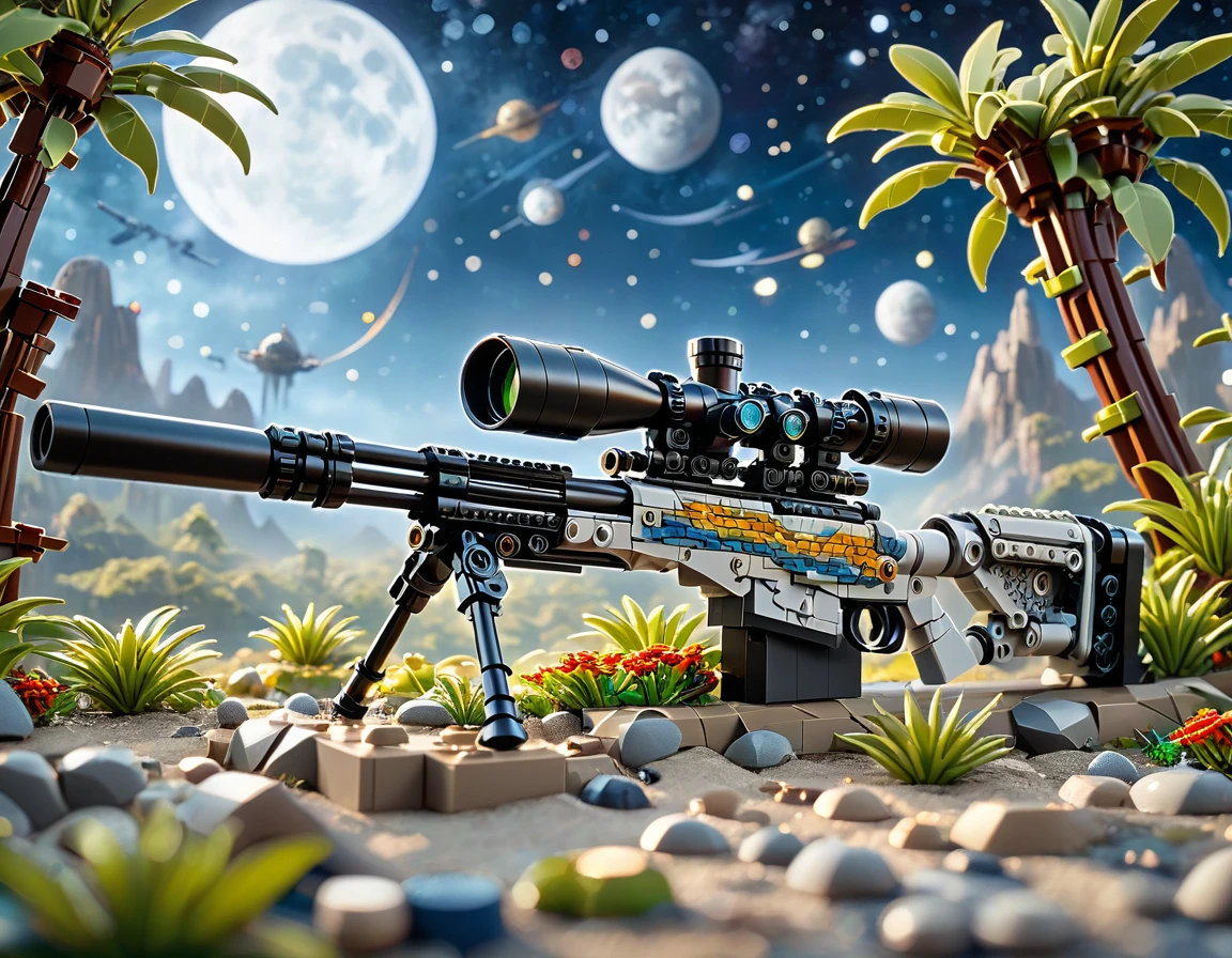 best quality, very good, 16K, ridiculous, Very detailed, Sniper，Made of Lego, Background space（（A masterpiece full of fantasy elements）））， （（best quality））， （（Intricate details））（8K）