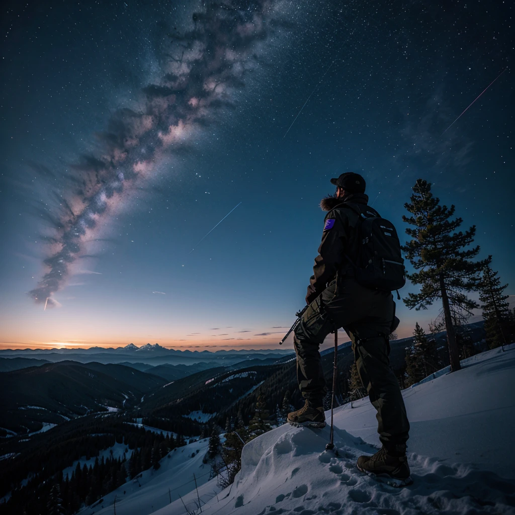 A soldier with a gun, on top of a mountain, looking at the horizon full of purple nebulas