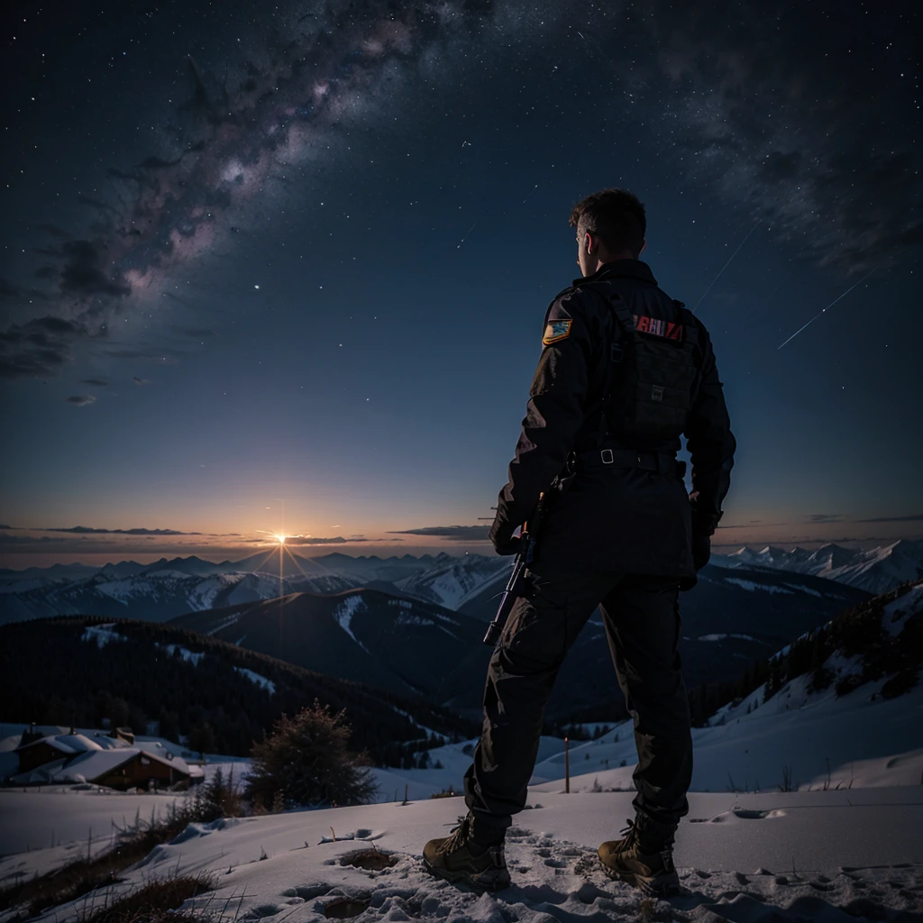 A soldier with a gun, on top of a mountain, looking at the horizon full of purple nebulas