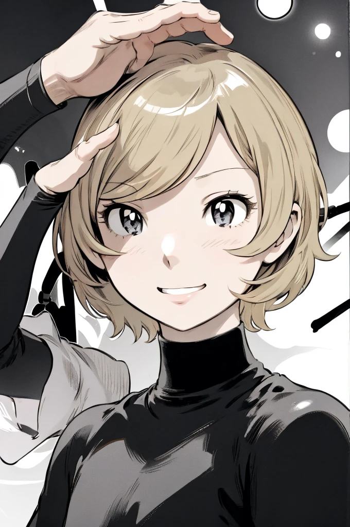 (baseball uniform:1.2),
blonde hair, (short hair:1.2),long sleeves, black shirt, turtleneck,
looking at viewer,, (best quality:1.3),1girl,