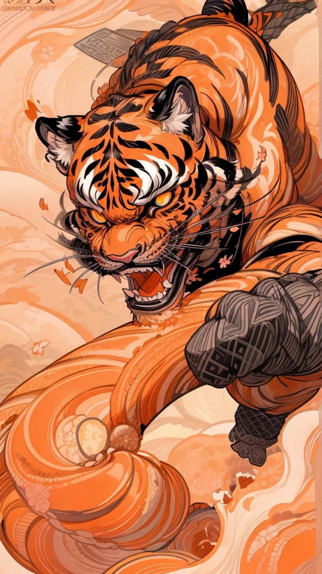 Black and gray realistic tattoo art of tiger with (((orange eyes))) with pink sakura petal effect ,he is with open mouth looking very fierce and angry, the background is Japanese wave tattoo, (Unity 16K Wallpaper, masterpiece, Best Quality, high quality, Ultra-detailed, extremely details)
