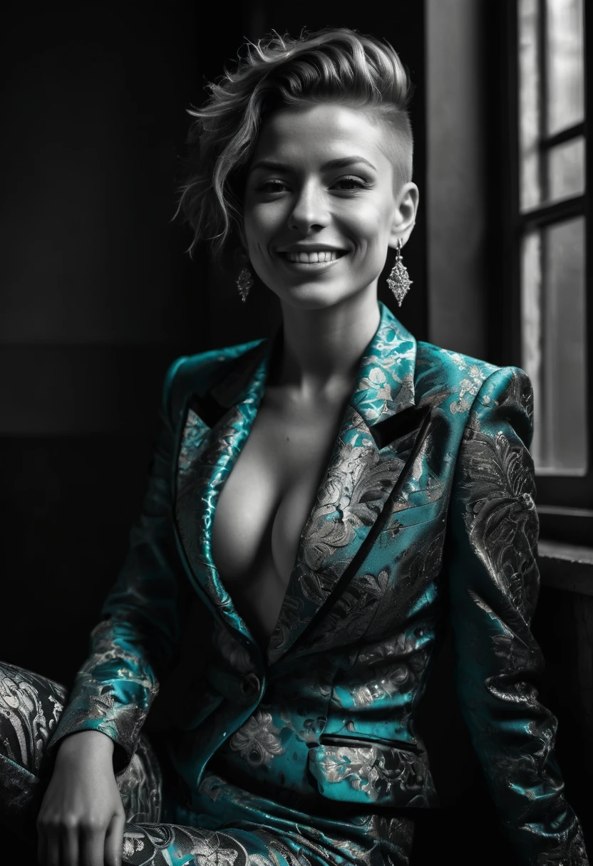 Ultra detailed, intricate detail, cinematic photo. intense backlight. Chiaroscuro. Beautiful face, intricate. Night in new york. Black and white, b&w, golden hour. Award winning monochromatic photograph in extreme low angle full body portrait of shy smile, playful, strong Beautiful punk rock woman in very ornate tight teal suit, Cleavage,. Posing smiling. Undercut, shaved redhead. Caravaggio style. Vermeer, Goya, Caravaggio. Cleavage.
