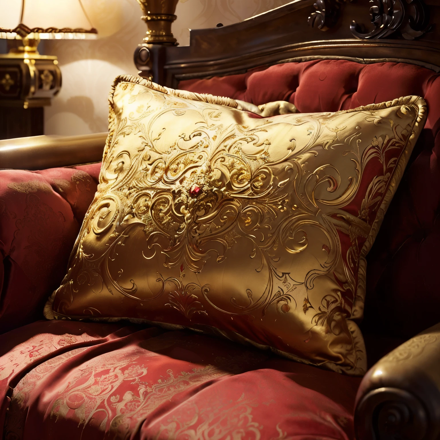 a close up of a red couch with a gold pillow, luxury furniture, features intricate detail, stunning and rich detail, rich details full of texture, ornate with gold trimmings, extremely opulent, intricate gold elements, fancy drapery on furniture, gold and luxury materials, ornate gold, golden intricate details, red and golden color details, elegant and ornate