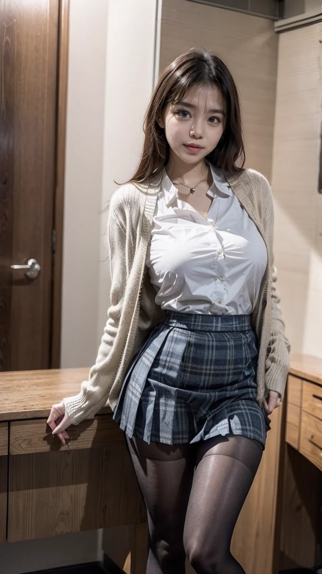 (((8k、High resolution、Highest quality、High resolution)))alone、Natural body shape、White skin、Natural Makeup、((Black Hair、bangs、Straight Long Hair))、(((((skirt lift)))))、、(:1.4)、((Detailed Panty Pattern、Panty Focus))、(((((Full body photo)))))、(((Looking into the camera)))、(((Wear a uniform on the upper body)))、Bedroom、(((Of high school))) 、((white collared long sleeve blouse))、((Beige cardigan))、((Pleated skirt with dark blue plaid pattern、mini skirt、Ultra-realistic pantyhose))、、、Expressionless、((Exposing thighs))