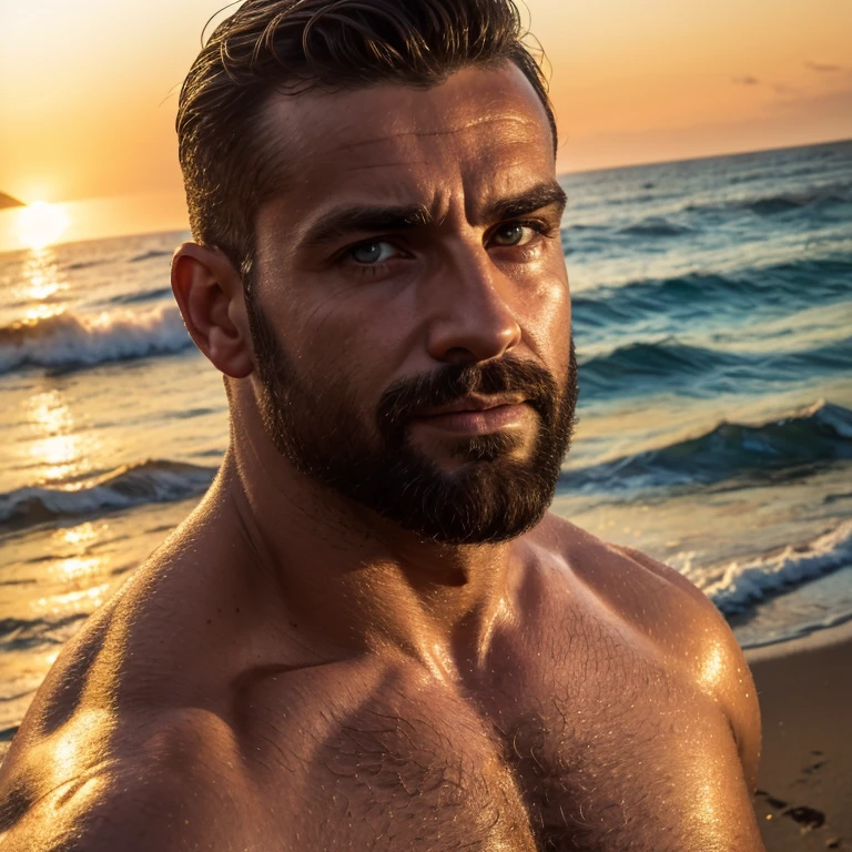 muscular hairy italian man in his 40s or 50s wearing speedo at beach,dominant erotic expression,staring directly at camera,(best quality,4k,8k,highres,masterpiece:1.2),ultra-detailed,(realistic,photorealistic,photo-realistic:1.37),chiseled facial features,intense eyes,detailed lips,extremely detailed face and body,beach,ocean waves,golden hour lighting,dramatic contrast,vibrant colors