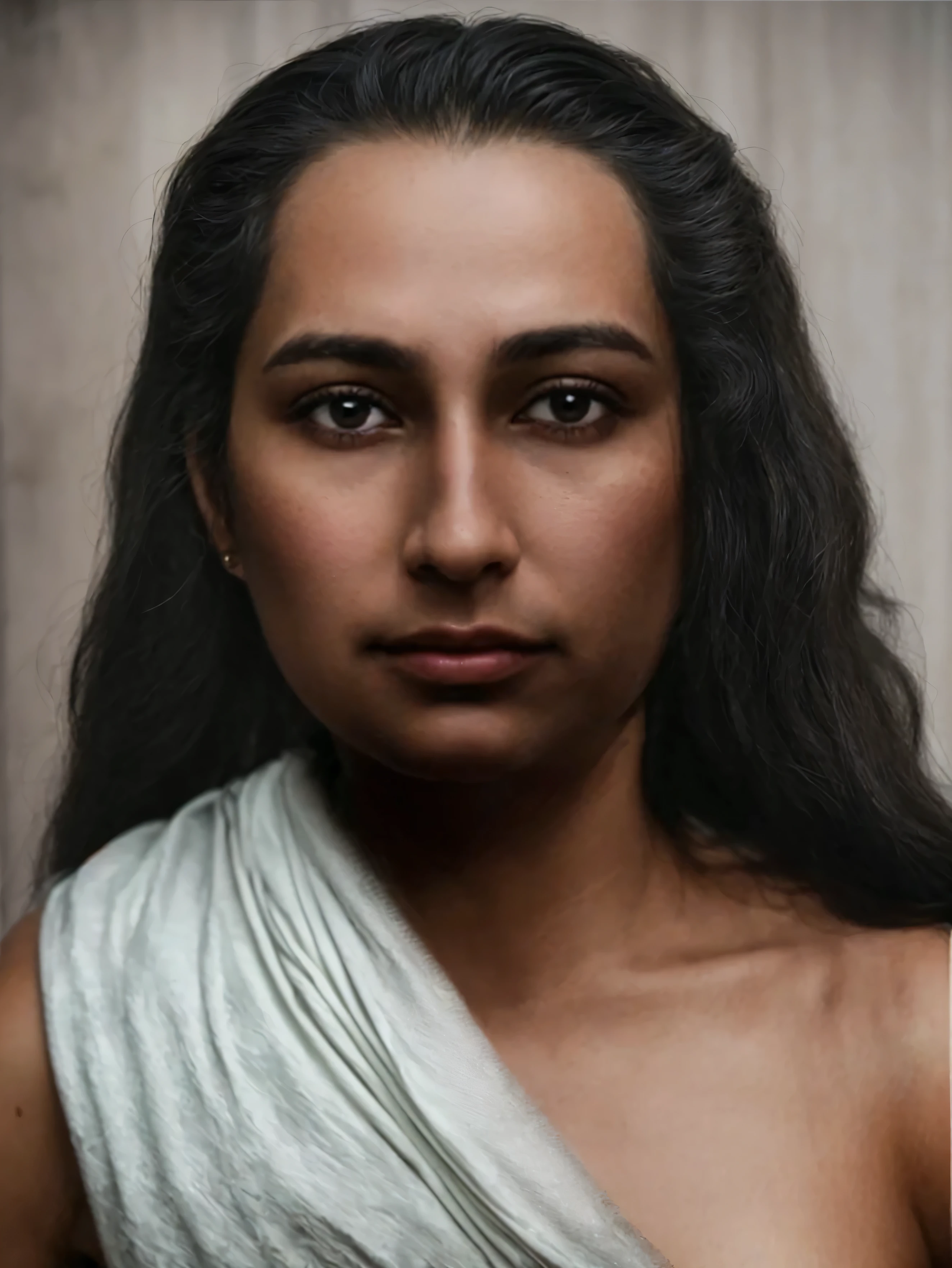 Make this photo look realiatic and detaild, arafed man with long hair and a white dress posing for a picture, 4 0 years old man, realistic restored face, portrait of female humanoid, portrait of male humanoid, humanoid portrait, goddess close-up portrait, brown skin man egyptian prince, realistically rendered face, full face portrait, full face close up portrait, detailed character portrait, realistic female portrait, very detailed potrait, realistic portrait photo, close up potrait, profile portrait, very detailed face, very realistic face, very perfected face, very detailed clothes, very realistic clothes, very perfected clothes