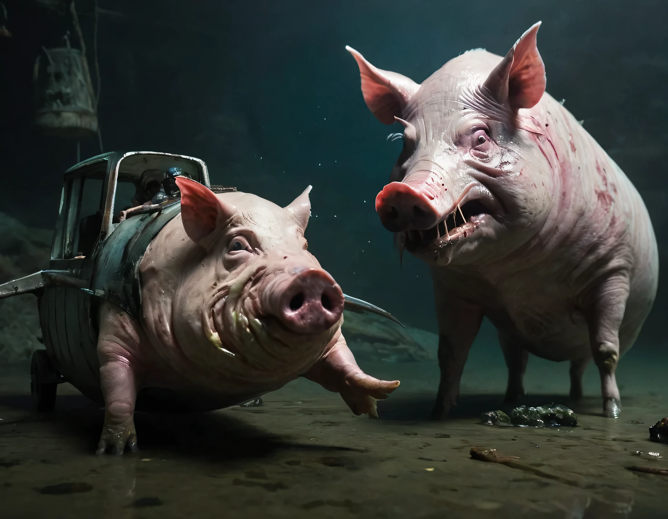 Horror-themed Cinematic film still, Fantasy monster concept art, Fish with a pig&#39;s head, in the sea, Dynamic Lighting,  Realistic, Talked about at the art station, Amazing visuals, creative, Cinematic, Super detailed, Atmospheric, Ambient Lighting, Scary Art High Budget, Bokeh, CinemaScope, Sulky, amazing, nice, Film Grain, granular . Creepy, Anxious, dark, Creepyな, Suspenseful, strict, Very detailed