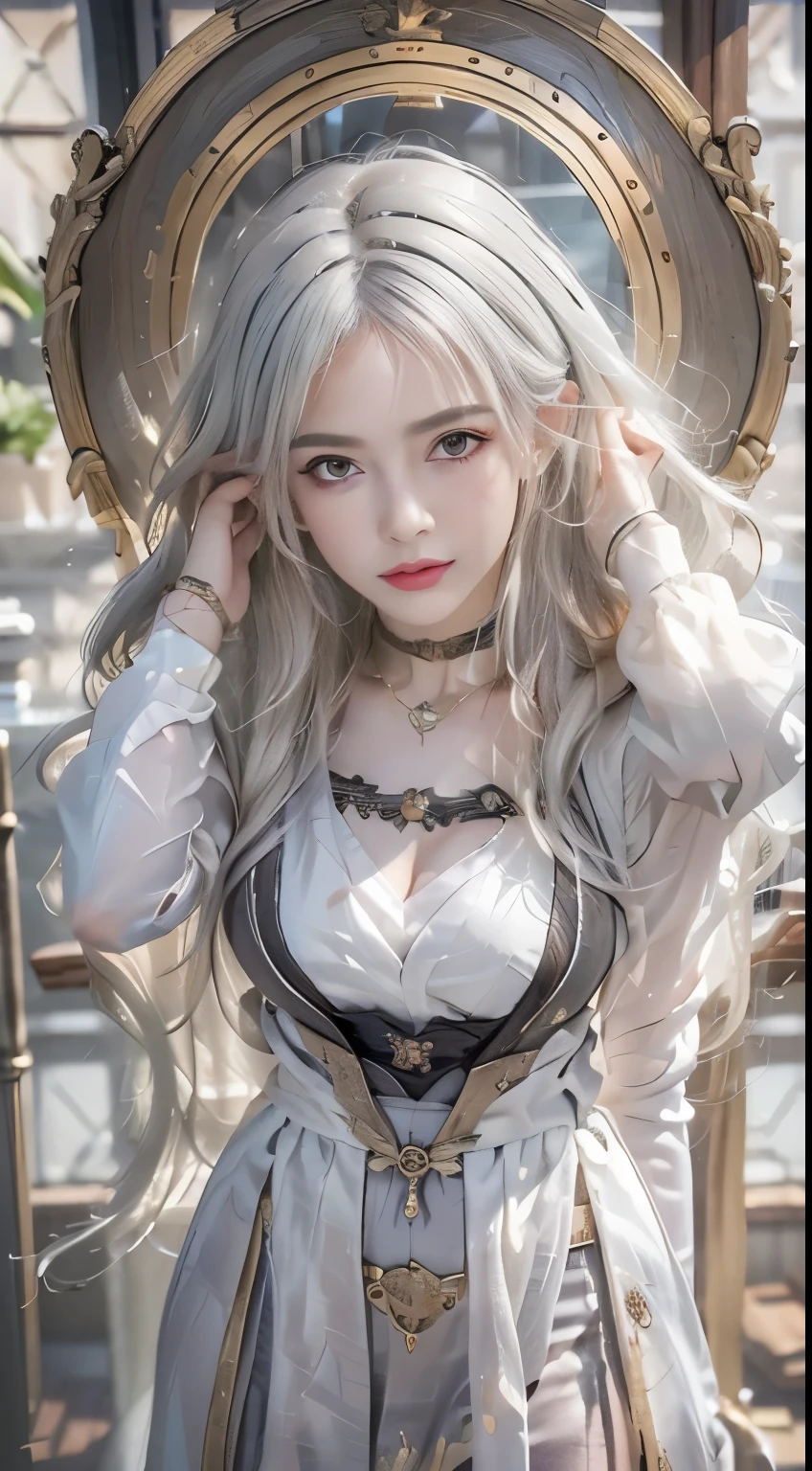 (best quality,mackerel:1.2),very detailed,realistic:1.37,Solo woman watching viewers,(Beautiful and detailed face),gray hair,Dressed like a goddess,facing forward