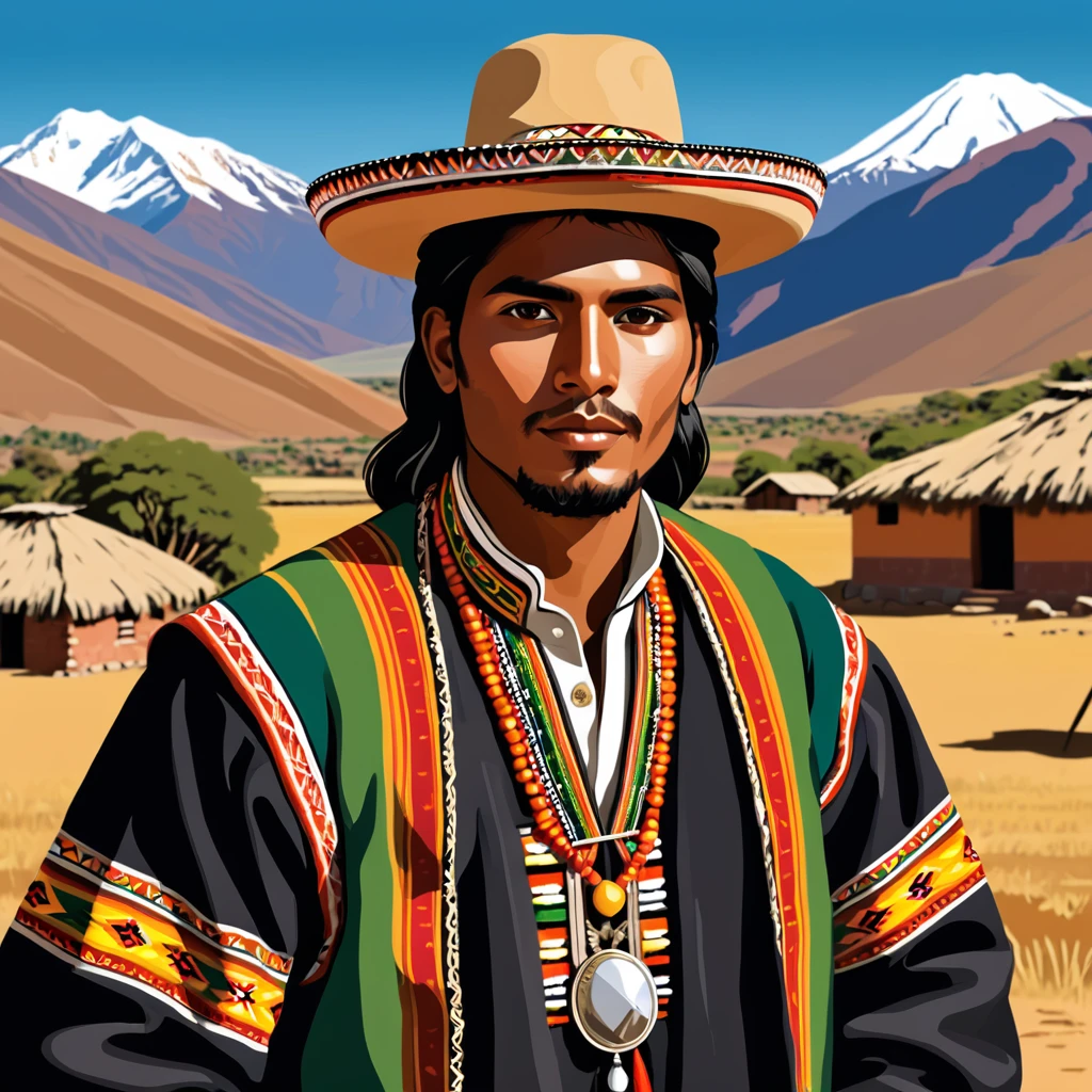 man in bolivia folk outfit, vector graphics, strong contours