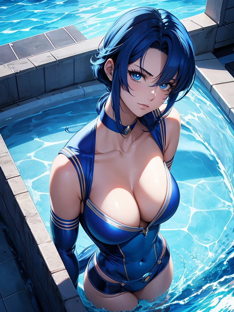 Sailor mercury in full police  suit,long blue hair,Blue Power Ranger, hurricane ,Sexy goth woman big breast, character sheet,inside a pool,High Resolution, Large breasts, 