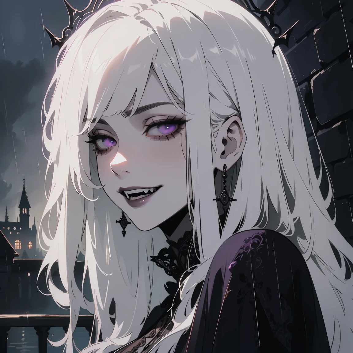(outside, scary castle, rain, evening, soft light, The light is dim., Mood swings, horror \(Theme\), ), (Crazy details, Beautifully detailed face, Masterpiece, best quality), 1 girl, Devil Girl, mature woman, (white hair), amethyst colored eyes, Scary smile