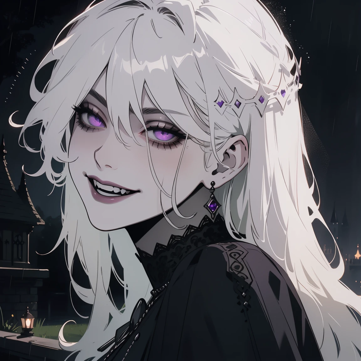 (outside, scary castle, rain, evening, soft light, The light is dim., Mood swings, horror \(Theme\), ), (Crazy details, Beautifully detailed face, Masterpiece, best quality), 1 girl, Devil Girl, mature woman, (white hair), amethyst colored eyes, Scary smile