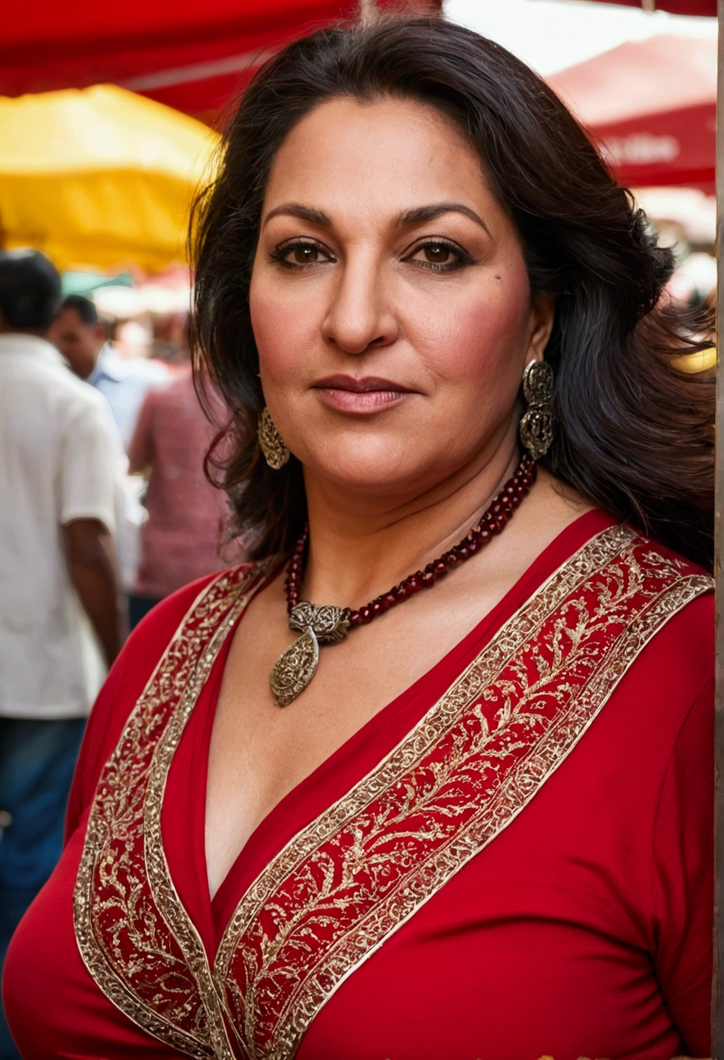  a plus size 50-year-old woman, Arabian, Natural , curvy , tight red shirt ,big chest ,   in a bustling city market.