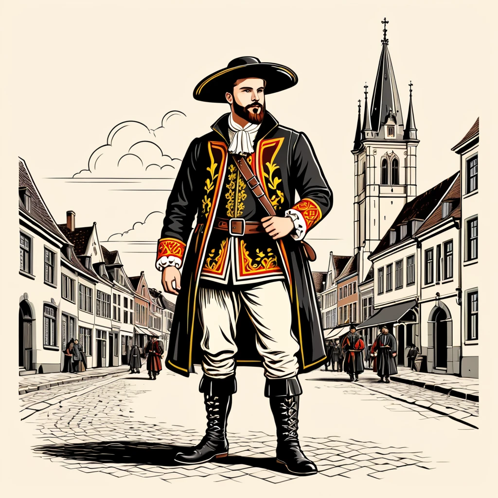 man in belgium folk outfit, vector graphics, strong contours
