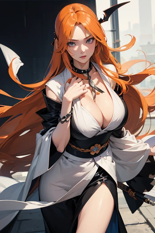 Rangiku Matsumoto from anime bleach,Realistic, long orange hair, blue eyes, big breast, black and white kimono, with a thin chain arround the neck, with 5 fingers on each hand