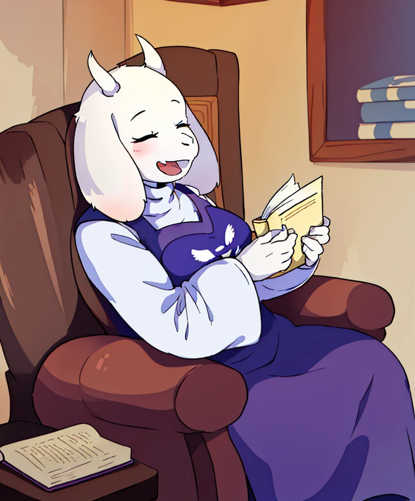 toriel, 1girl, book, chair, closed_eyes, furry, furry_female, goat_ears, goat_girl, indoors, open_mouth, smile, solo
