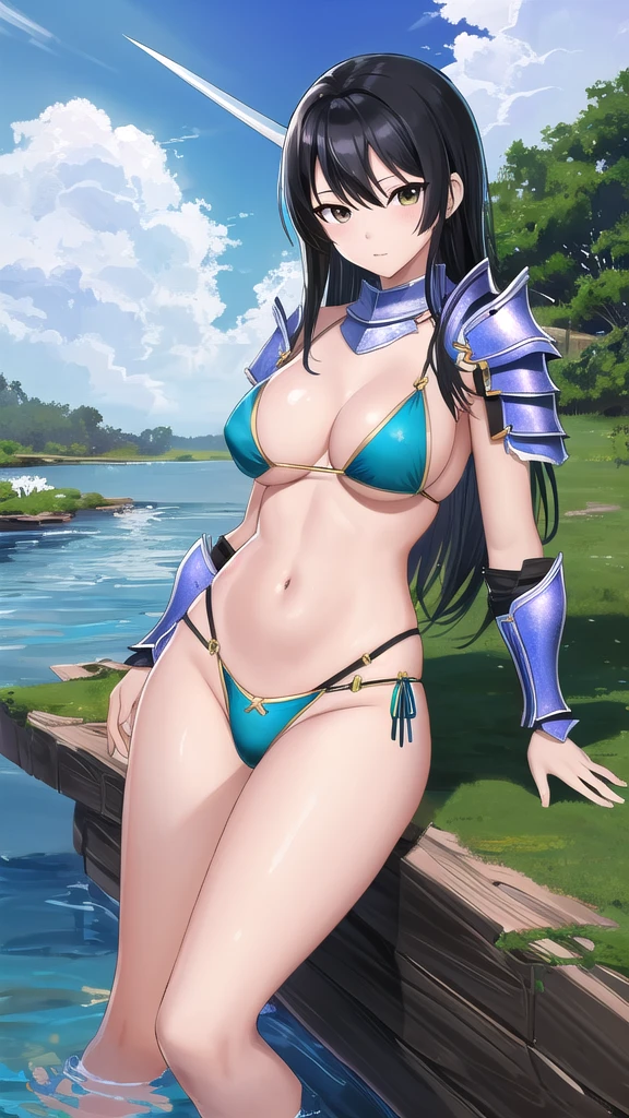 Art inspired by Masamune Shirow, Armor Girl, Bikini Armor, Bikini Armor, Bikini Armor female knight, Bikini Armor, tits, Knight Girl, tits、Sexy pose,topless, White thighs,Vertical belly button、Skin radiance,Black hair,Swamp