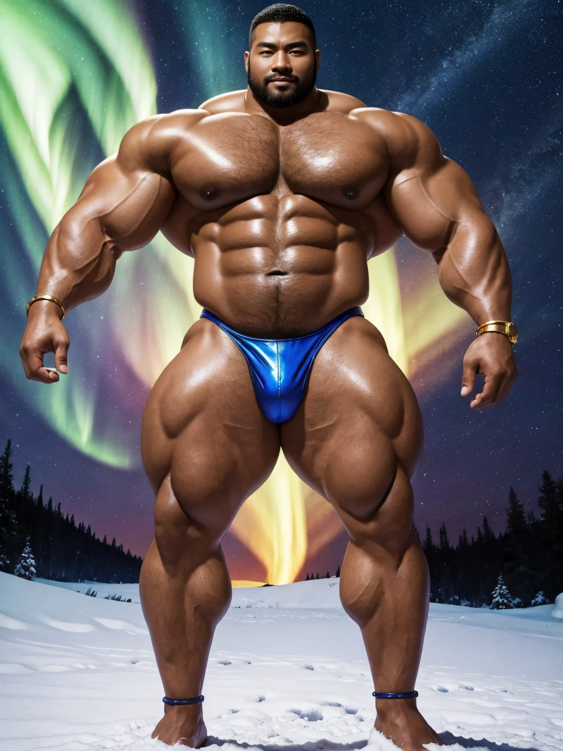 There is only one handsome Chinese man in the photo,35 years old,tall, Fitness,Smooth body,Smooth skin,No chest hair,short hair, O-Shaped Beard,Perfect body, Dark skin color,Radiant Skin,Smooth skin,Shiny, shiny skin,Smooth pectoral muscles,Muscle bulge, muscular, Very large pectoral muscles,Very sexy abdominal muscles,Very well-developed leg muscles,Huge concave and convex area,Brightens oily skin,Wearing a shiny gold leather thong,Handsome face,Normal human toes,Correct and accurate male body proportions,Gold Collar,Gold bracelet,Gold anklets,Standing in the snow,Night sky,A sky full of stars,There are auroras,Colorful,Charming dream scene,Epic。