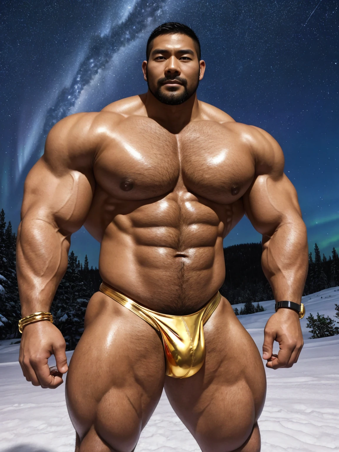 There is only one handsome Chinese man in the photo,35 years old,tall, Fitness,Smooth body,Smooth skin,No chest hair,short hair, O-Shaped Beard,Perfect body, Dark skin color,Radiant Skin,Smooth skin,Shiny, shiny skin,Smooth pectoral muscles,Muscle bulge, muscular, Very large pectoral muscles,Very sexy abdominal muscles,Very well-developed leg muscles,Huge concave and convex area,Brightens oily skin,Wearing a shiny gold leather thong,Handsome face,Normal human toes,Correct and accurate male body proportions,Gold Collar,Gold bracelet,Gold anklets,Standing in the snow,Night sky,A sky full of stars,There are auroras,Colorful,Charming dream scene,Epic。