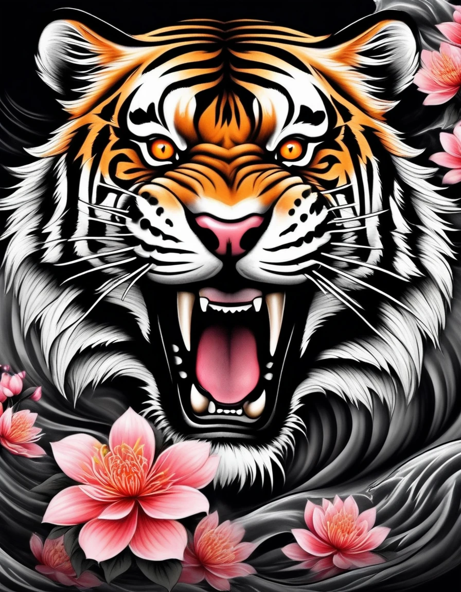 Black and gray realistic tattoo art of tiger with (((orange eyes))) with pink sakura petal effect ,he is with open mouth looking very fierce and angry, the background is Japanese wave tattoo, (Unity 16K Wallpaper, masterpiece, Best Quality, high quality, Ultra-detailed, extremely details)