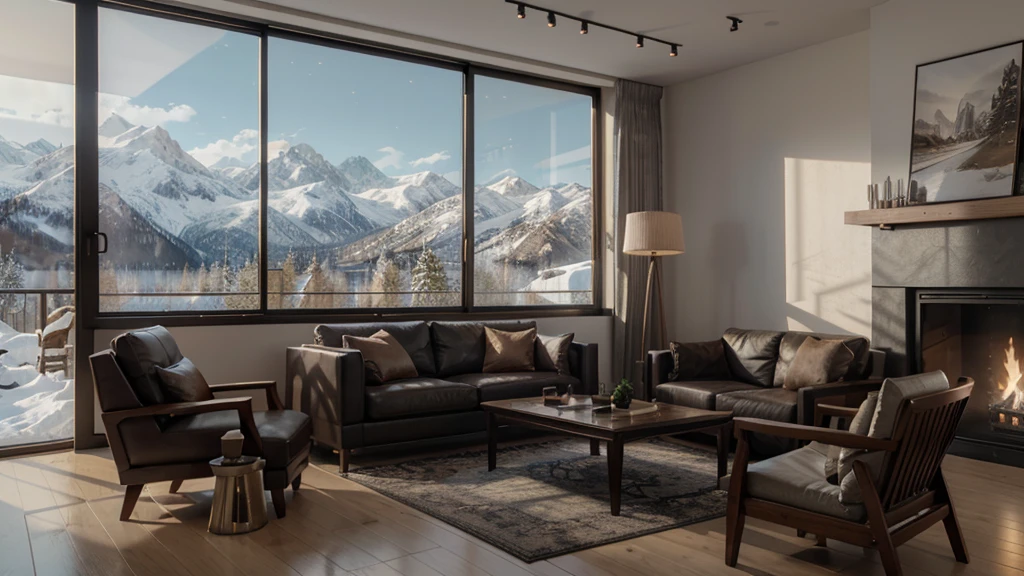 With fireplace、Arafed living room with sofa and table,Realistic physically based rendering,Render in Unreal Engine 5,Enscape rendering,Floor-to-ceiling windows,The snow outside the window blends into the mountains, Dramatic rendering,Luxurious environment,Rendering in Enscape,Unreal Engine 5 is highly rendered,8k Landscape Rendering,Natural and realistic rendering,Beautifully detailed rendering,Crazy detailed rendering,Unreal Engine 5 Rendering