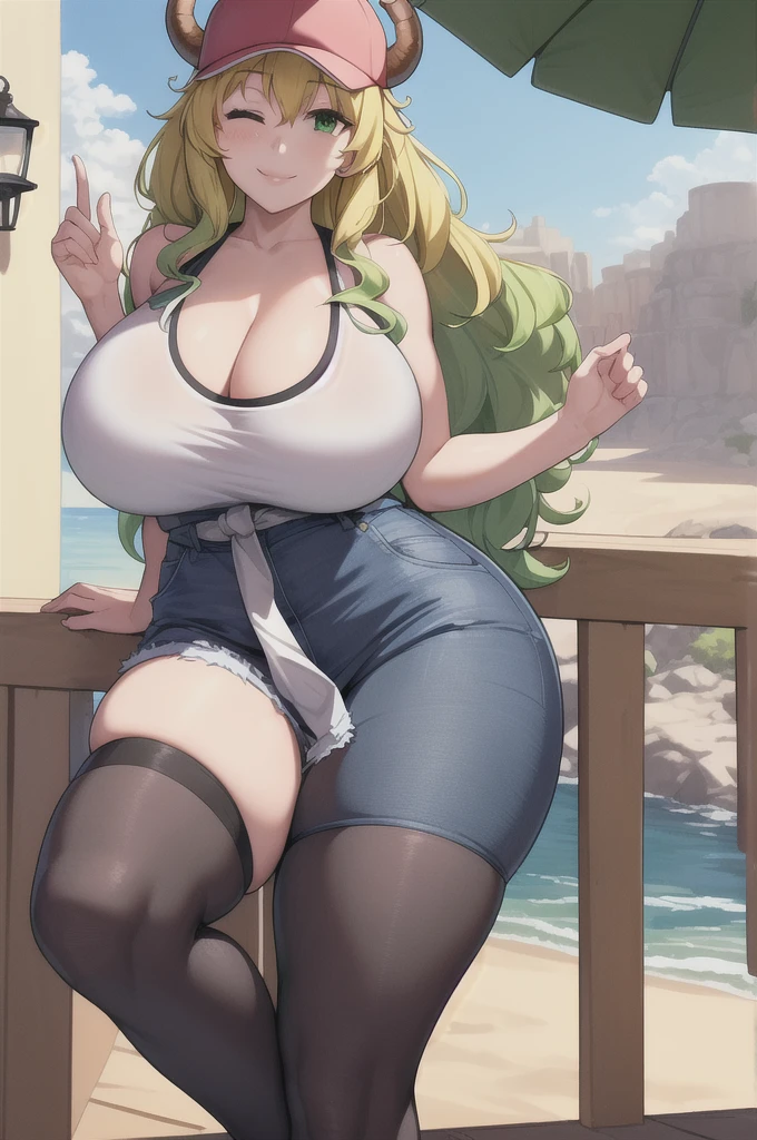 (best quality:1.2), 1girl, (masterpiece:1.2), raytracing, ultra detailed,detailed face, 8k wallpaper, narrow waist, wide hips, smile, outdoor, LucoaDragonMaid_NDV, 1girl, multicolored hair, blonde hair, huge breasts, long hair, horns, denim shorts, tank top, black thighhighs, multicolored eyes, baseball cap,  (green eyes, one eye closed:1.2)