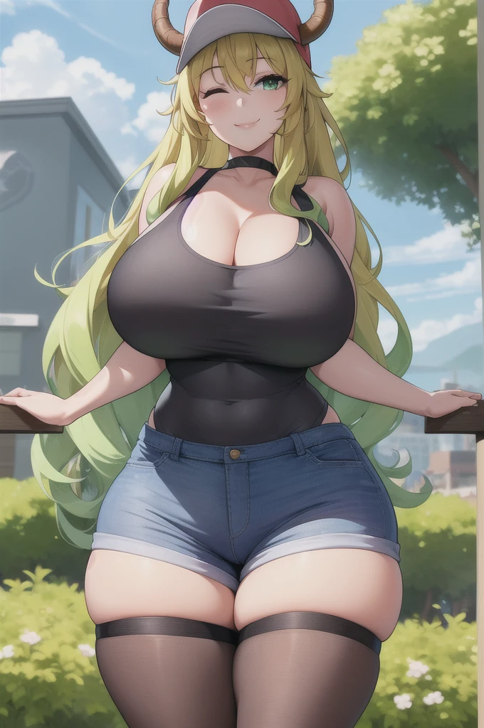 (best quality:1.2), 1girl, (masterpiece:1.2), raytracing, ultra detailed,detailed face, 8k wallpaper, narrow waist, wide hips, smile, outdoor, LucoaDragonMaid_NDV, 1girl, multicolored hair, blonde hair, huge breasts, long hair, horns, denim shorts, tank top, black thighhighs, multicolored eyes, baseball cap,  (green eyes, one eye closed:1.2)