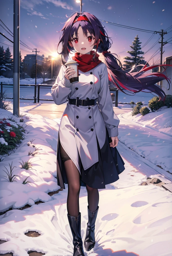 yuukikonno, Konno Yuuki, Long Hair, Pointed Ears, Purple Hair, (Red eyes:1.5), (Small breasts:1.2), Open your mouth,happy smile, smile, Open your mouth,hair band,low twin tail,Red Scarf,Oversized purple sweater,Black pantyhose,Long skirt,short boots,Holding a paper cup of coffee in both hands,Walking,snowが降っている,snowが降り積もっている,snow,snow,snow,snow,snowが積もった木,winter,Cold Sky,night,whole bodyがイラストに入るように,
break looking at viewer,  whole body,
break outdoors, garden,
break (masterpiece:1.2), Highest quality, High resolution, unity 8k wallpaper, (figure:0.8), (Beautiful attention to detail:1.6), Highly detailed face, Perfect lighting, Highly detailed CG, (Perfect hands, Perfect Anatomy),