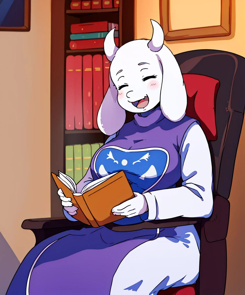 toriel, 1girl, book, chair, closed_eyes, furry, furry_female, goat_ears, goat_girl, indoors, open_mouth, smile, solo