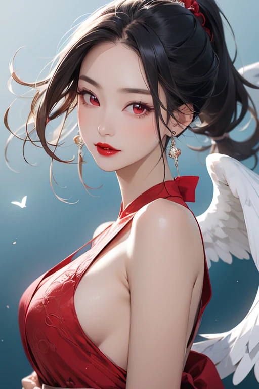 Beautiful mature Japanese woman aged 55, Married women, Fine Lines, Long eyelashes, Red eyes, Low Ponytail, Red lipstick, Large bust, Angelic costume, wing, floating, flight, null, blue null