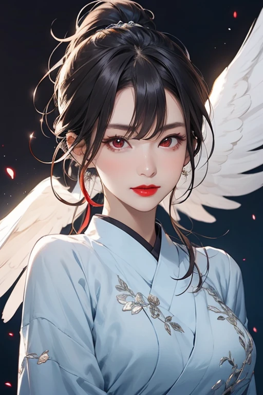Beautiful mature Japanese woman aged 55, Married women, Fine Lines, Long eyelashes, Red eyes, Low Ponytail, Red lipstick, Large bust, Angelic costume, wing, floating, flight, null, blue null