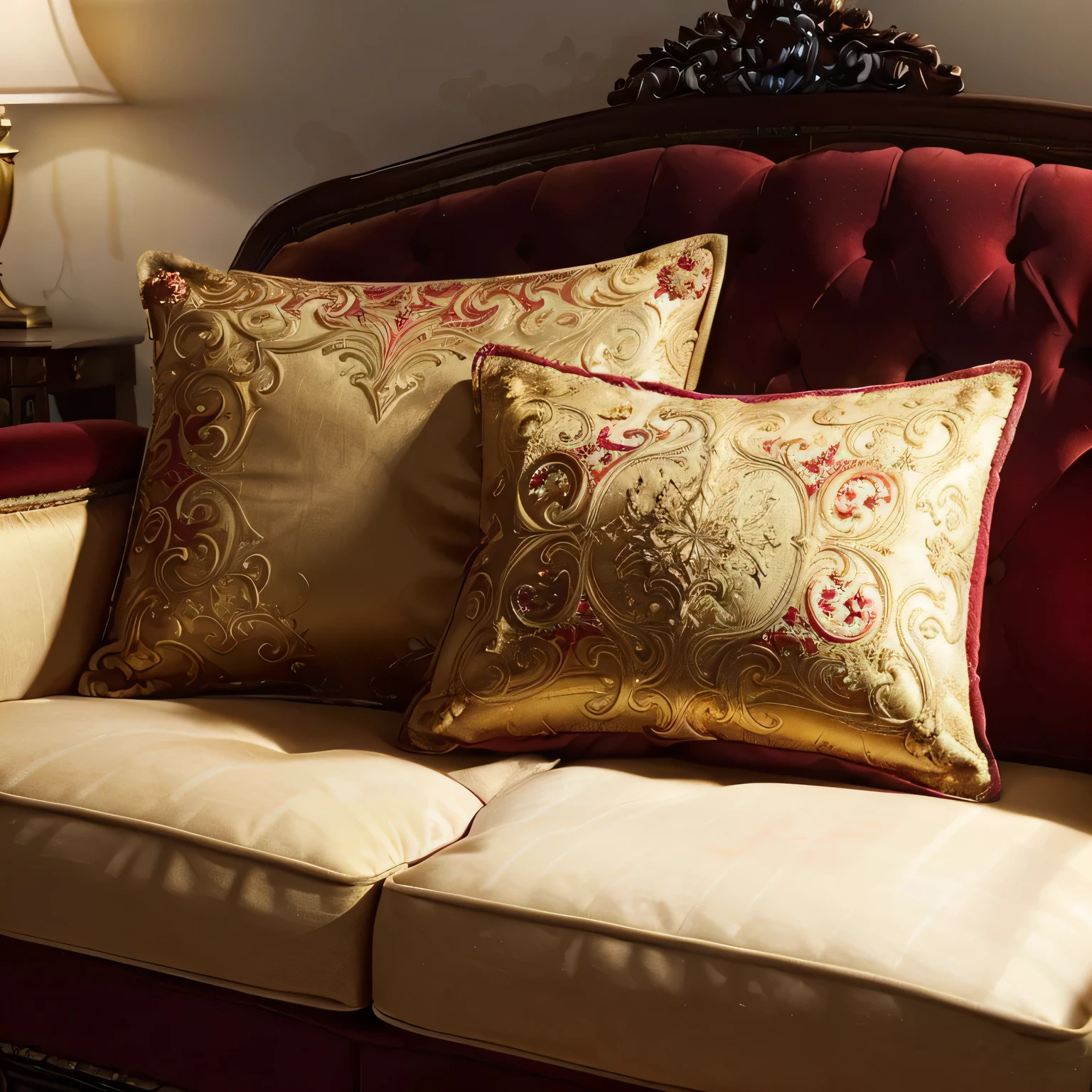 there are two pillows on a couch in a room, red and golden color details, opulence, ornate with gold trimmings, gold and red accents, rich details, opulent, delicate detailing golden stroke, baroque, elegence, exquisite fine details, elegant intricate, features intricate detail, fine details. red, golden detailing, decorated with opera motifs