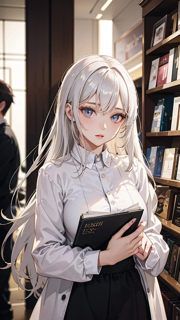 A beautiful girl with white hair and violet eyes standing in a bookstore magazine section, holding a magazine and flipping through the pages with great interest, her lovely figure illuminated by the soft lighting of the store as nearby customers glance at her, (best quality,4k,8k,highres,masterpiece:1.2),ultra-detailed,(realistic,photorealistic,photo-realistic:1.37),1girl,beautiful detailed eyes,beautiful detailed lips,extremely detailed eyes and face,longeyelashes,beautiful young woman,intrigued expression,casual clothing,bookstore interior,natural lighting,warm color tones,atmospheric,detailed textures,intricate details