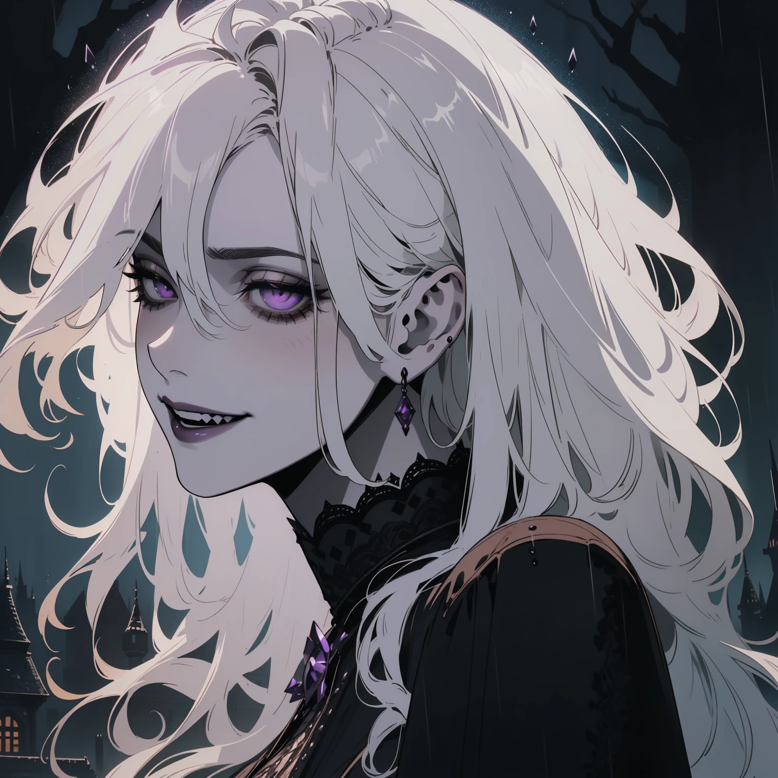 (outside, scary castle, rain, evening, soft light, The light is dim., Mood swings, horror \(Theme\), ), (Crazy details, Beautifully detailed face, Masterpiece, best quality), 1 girl, Devil Girl, mature woman, (white hair), amethyst colored eyes, Scary smile