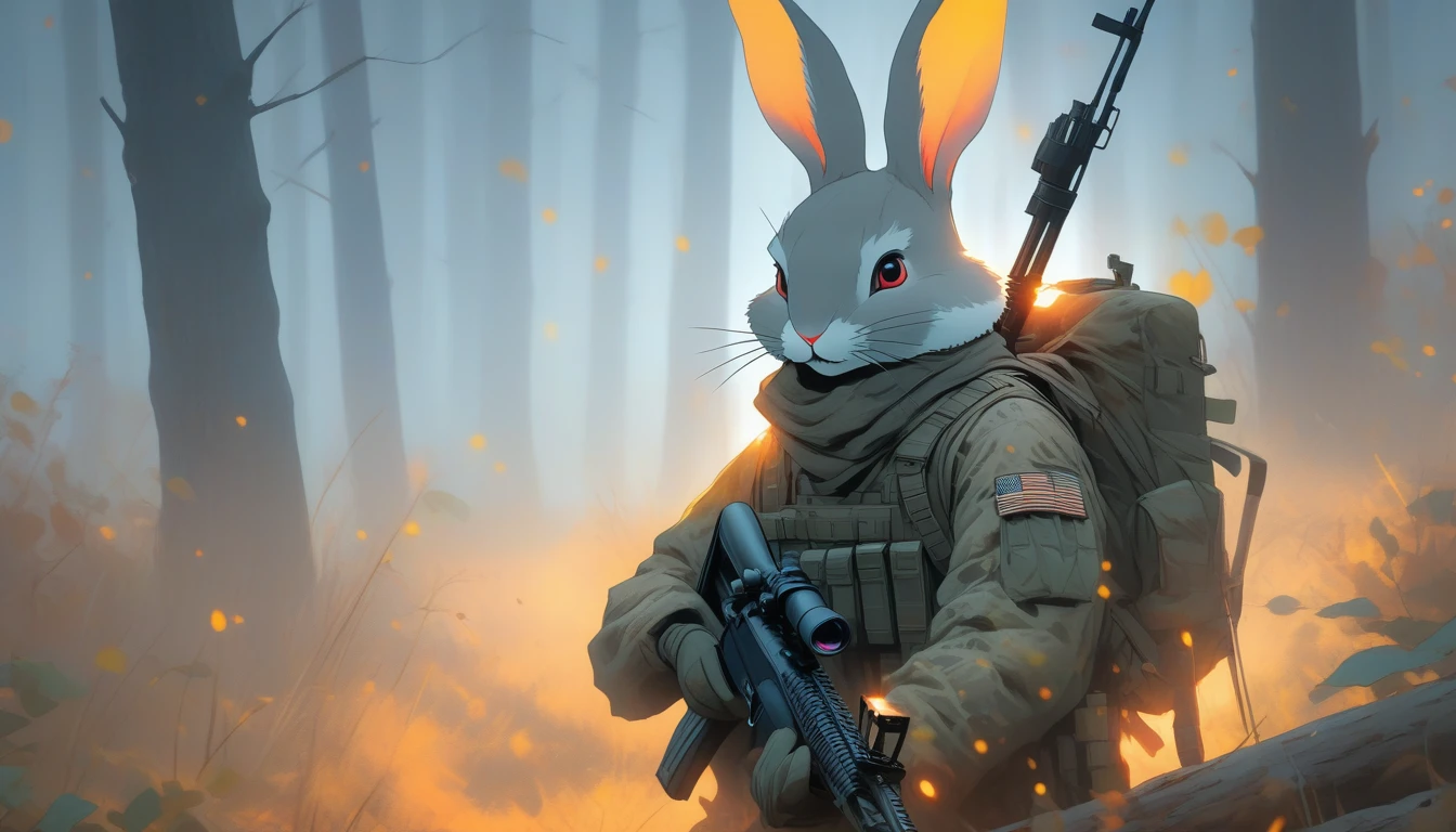 ((Masterpiece)), ((Best Quality)), (Very Detailed), ((Very Detailed)), 4K, (8K), very aesthetic, absurdres highres, 1 girl, (anthropomorphic rabbit, furry, kemono:1.8), A sniper in a camouflage uniform is holding a rifle in the fog, his eyes are sharp and alert to the surrounding situation, the rifle is equipped with a night vision scope to help him miss the target even in the fog In a foggy forest, the trees stand out vaguely. The sniper is hiding in the fog. Fallen leaves are scattered on the ground, and the smell of damp earth is in the air. The backlighting effect makes the sniper's silhouette stand out, and the whiteness of the fog and the trees. The dark colors are contrasting, the overall cold tone is dominant, the faint light shines through the fog, creating a dreamy atmosphere, there is an atmosphere of solitude and concentration, and the tension of the sniper. Vigilance is emphasized, there is silence all around him, and every moment in the fog feels important.