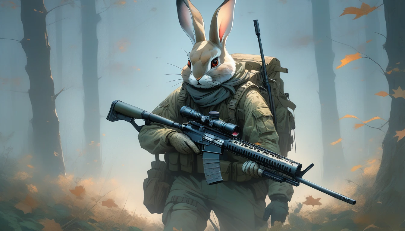 ((Masterpiece)), ((Best Quality)), (Very Detailed), ((Very Detailed)), 4K, (8K), very aesthetic, absurdres highres, 1 girl, (anthropomorphic rabbit, furry, kemono:1.8), A sniper in a camouflage uniform is holding a rifle in the fog, his eyes are sharp and alert to the surrounding situation, the rifle is equipped with a night vision scope to help him miss the target even in the fog In a foggy forest, the trees stand out vaguely. The sniper is hiding in the fog. Fallen leaves are scattered on the ground, and the smell of damp earth is in the air. The backlighting effect makes the sniper's silhouette stand out, and the whiteness of the fog and the trees. The dark colors are contrasting, the overall cold tone is dominant, the faint light shines through the fog, creating a dreamy atmosphere, there is an atmosphere of solitude and concentration, and the tension of the sniper. Vigilance is emphasized, there is silence all around him, and every moment in the fog feels important.