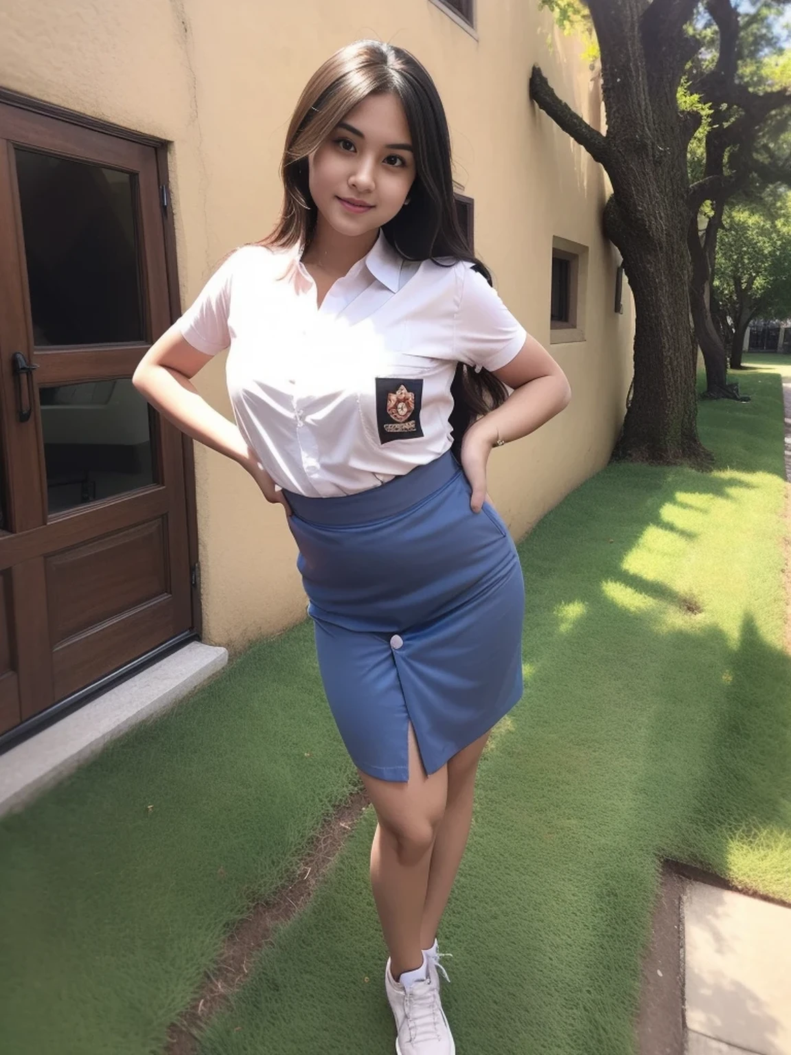 1girl, (uniform), standing, outdoors, detailed face, detailed eyes, thick breasts, shiny skin, short skirt, looking at the audience, low angle shot,(8k, RAW photo, best quality, masterpiece: 1.2), (realistic, realistic: 1.37), ultra-high resolution
