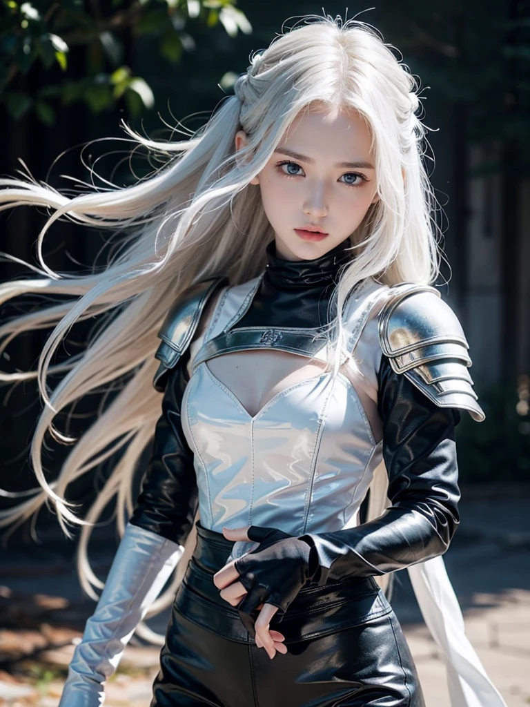 Top quality, RAW Photo, Highest Quality Image, 16K, White hair. Porcelain skin. Beautiful expressive eyes. Sweet and beautiful face. Fantasy clothing. Fantasy world. A slender girl in black leather trousers, armor, shoulder pads and comfortable beautiful clothes.