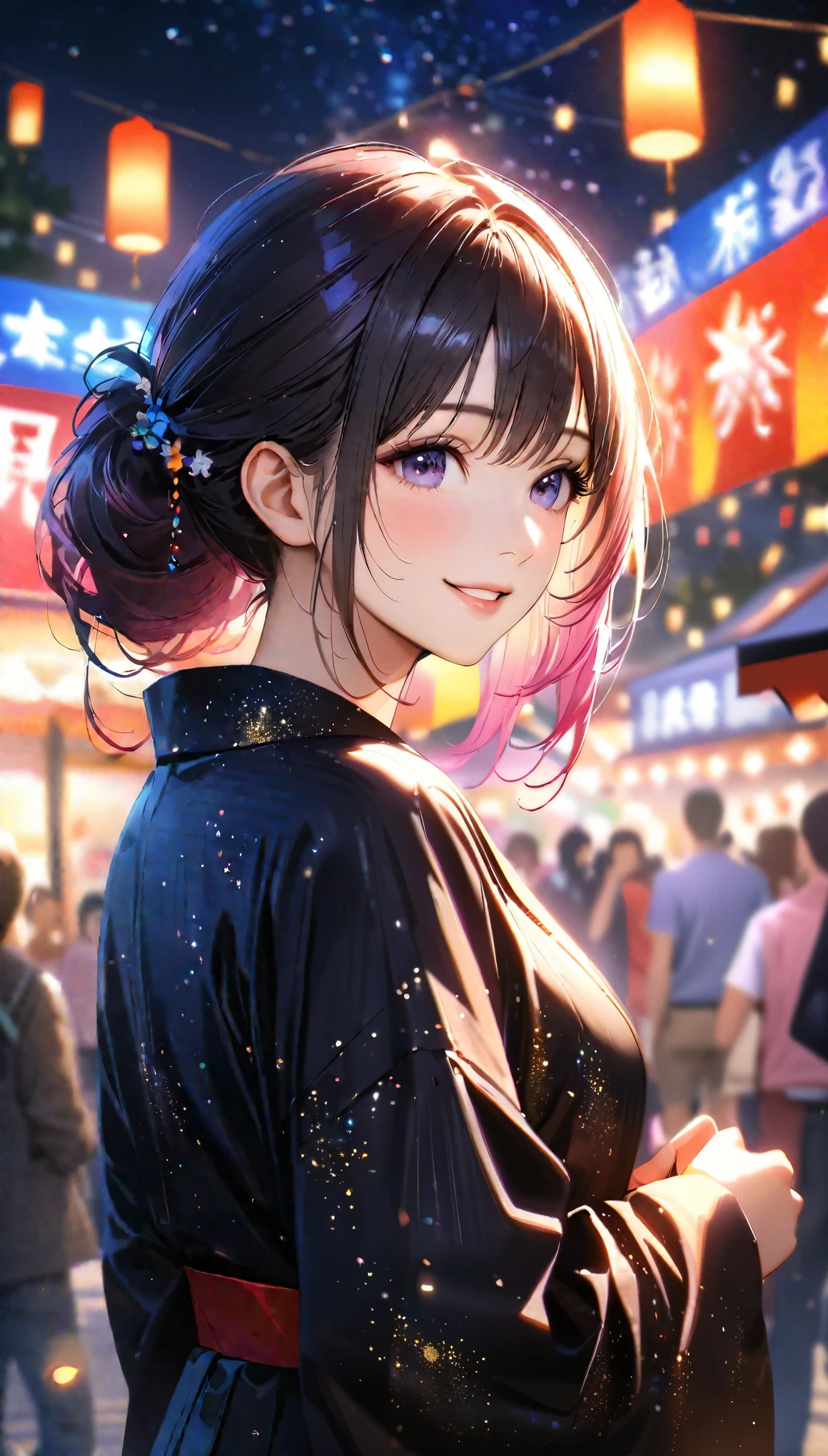 Young woman enjoying the summer festival,night, Starry Sky,yukata,Gazing at the sky,Blur the background,high school girl,smile,Glitter effect,Highest quality, 8k, High resolution, masterpiece:1.2, Very detailed, Realistic:1.37, High resolution, 超High resolution, Ultra-fine painting, Very detailed, Professional, Vibrant colors